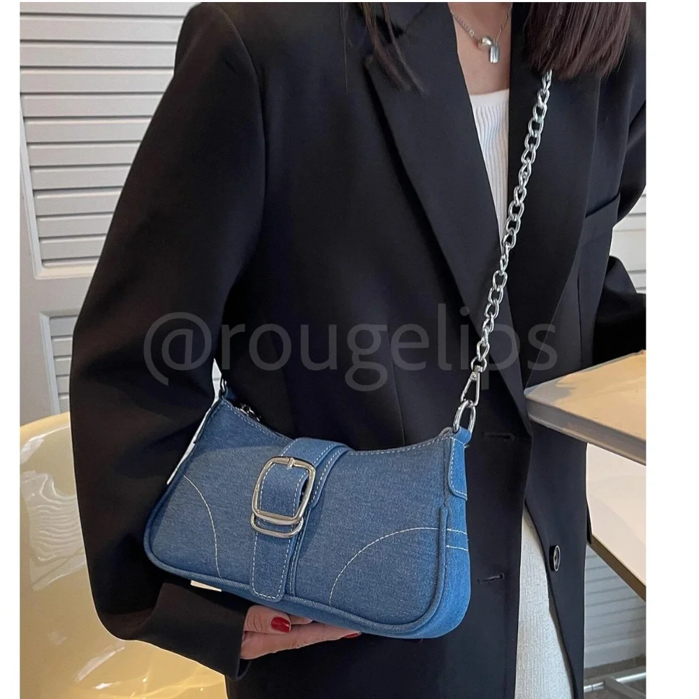 Small Blue Denim Baguette Bag Strap Buckle Chain Zipper - Picture 6 of 8